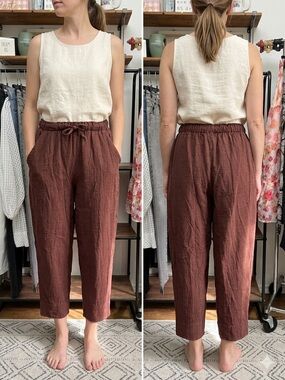 Free People Cropped Drawstring Linen-Blend Pants in Chocolate Brown